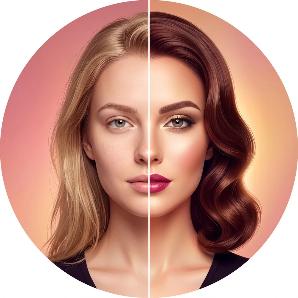 Hair color try on before and after: the same woman shown half blonde, half glossy auburn with the split line between