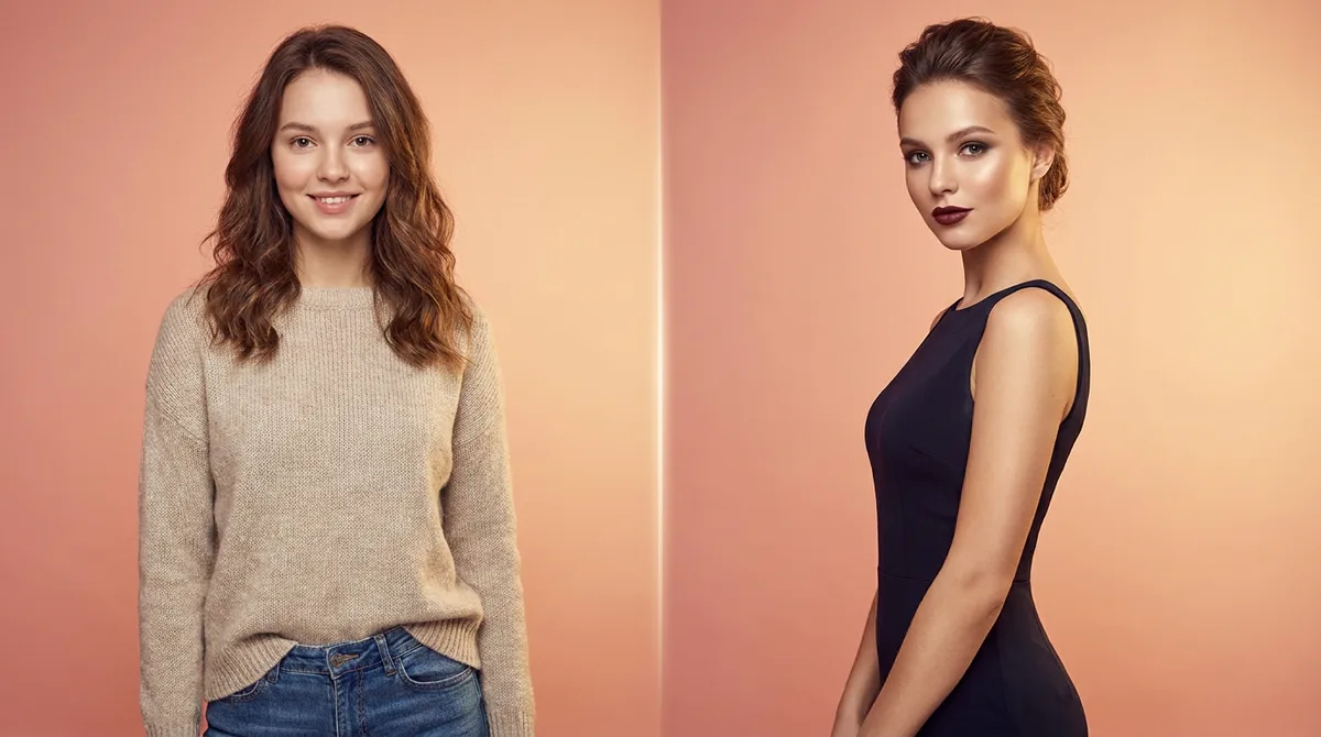 AI try on before and after: the same woman in a knit sweater, then in an evening dress with updo and evening makeup
