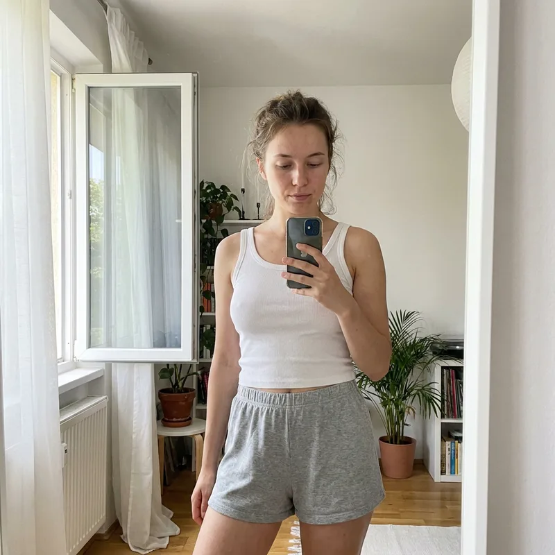Woman in a plain white tank top and grey shorts, the original photo before the AI clothes change